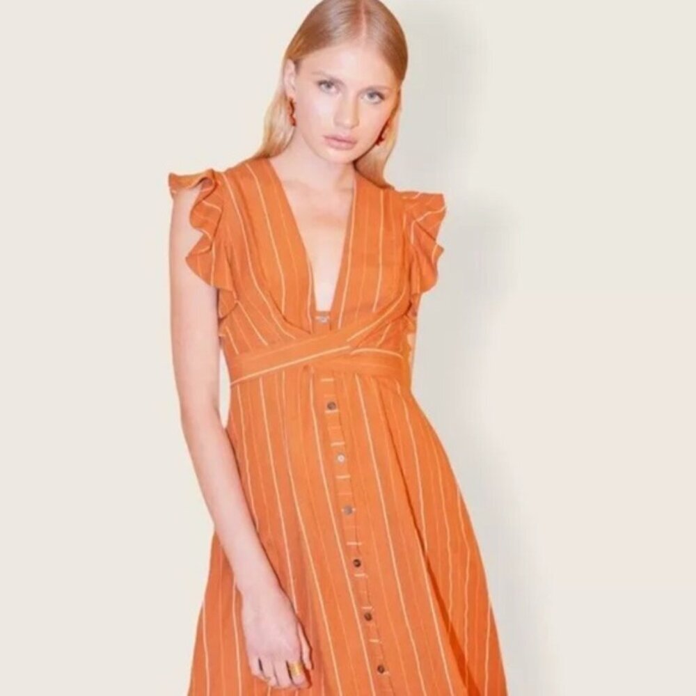 ASTR THE LABEL LINEN Blend Saturate Dress Midi Button Down Papaya Stripe Size XS